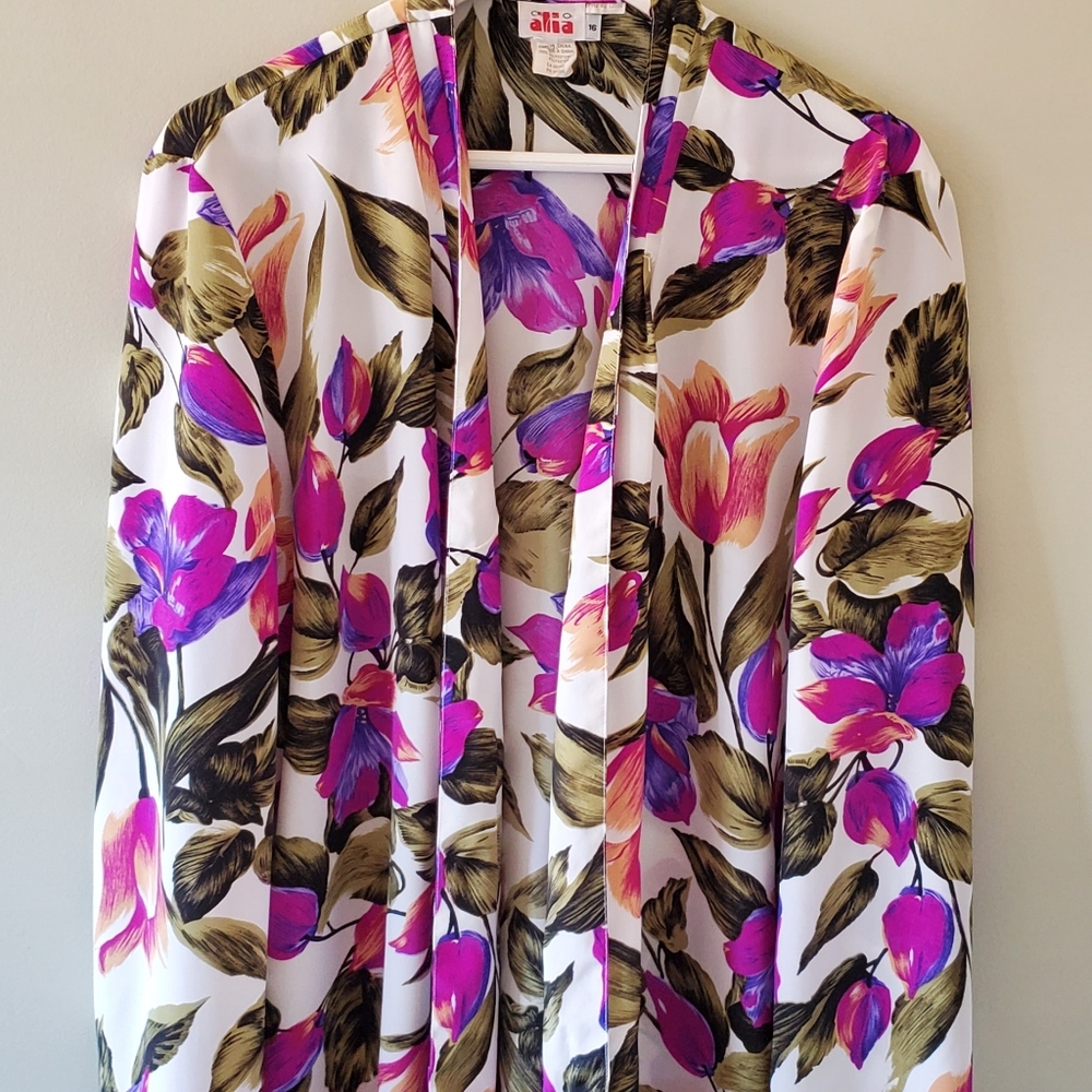 Alia 16 Vintage 90s Romantic Feminine Bold Floral Resortwear Satin Kimono - Picture 9 of 16